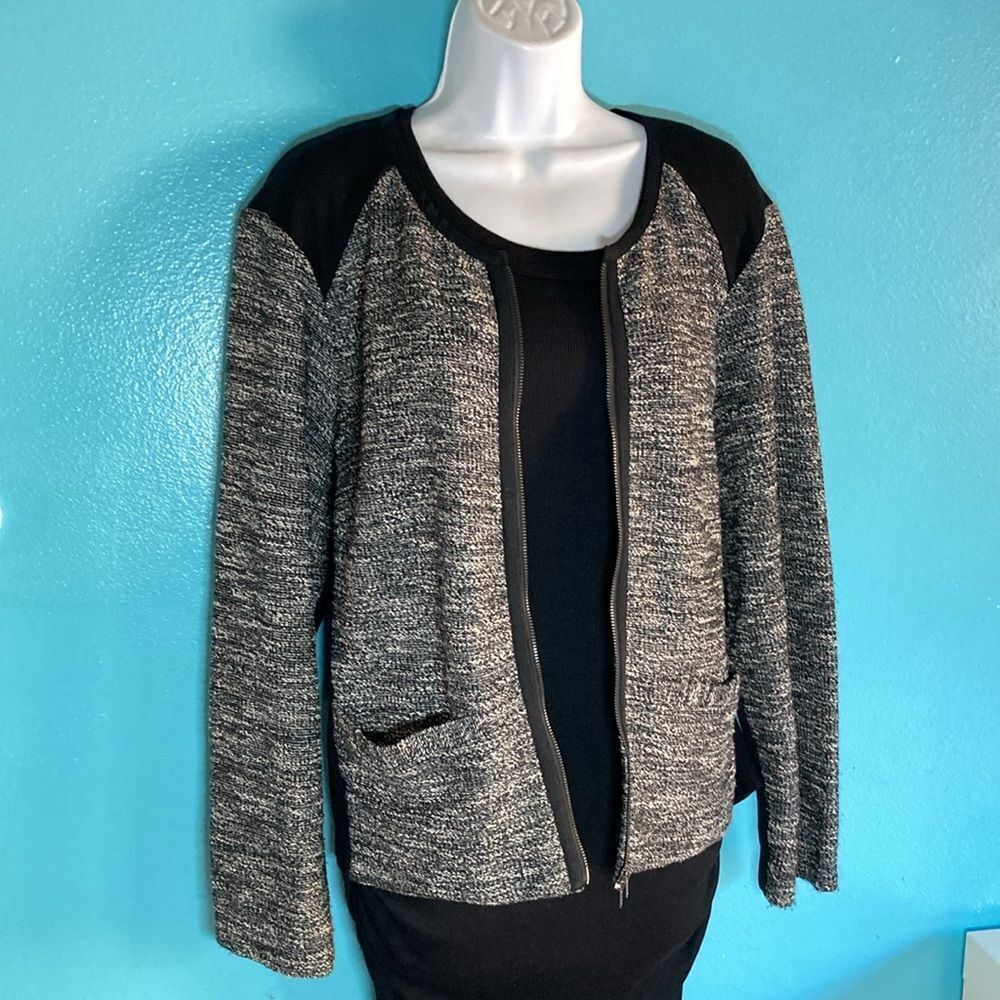 Eileen Fisher Woman Size 2X  Cardigan Zip Front Jacket Black Tweed Stretch Top